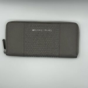Michael Kors Grey Saffiano Leather Micro Stud Zip Around Wallet.